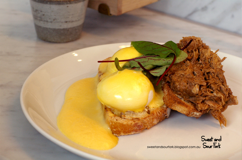 Benedict Styled Eggs with Free Range Pork Shoulder and Aerated Hollandaise ($17) 