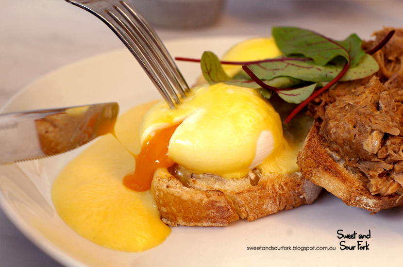 Benedict Styled Eggs with Free Range Pork Shoulder and Aerated Hollandaise ($17) 