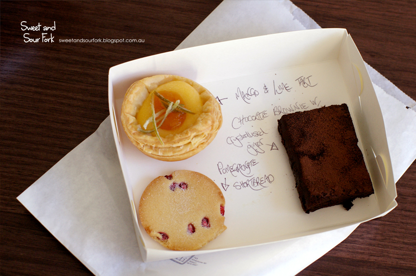 Mango and Lime Tart/Chocolate Brownie with Crystalised Ginger/Pomegranate Shortbread, 