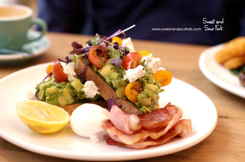 Smashed Avocado ($13.5) with Bacon ($4) and Poached Egg ($2.5)
